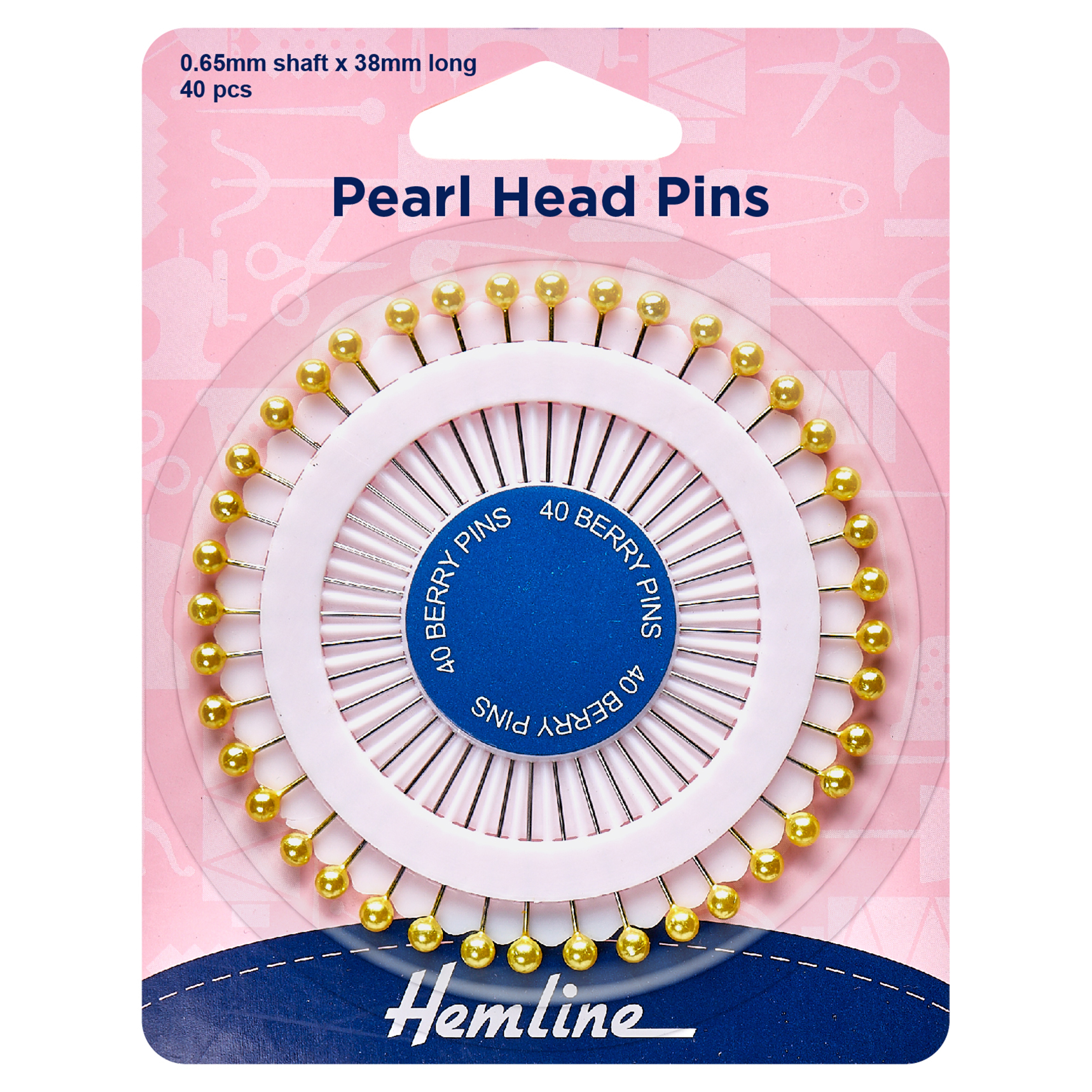 Hemline Assorted Pearl Heads Pins Gold 38mm 40pcs Pins Barnyarns 